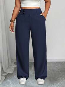 SHEIN PETITE CURVE Plus Size Women High Waist Pockets Straight Loose Casual Pants Fall - Navy Blue - View 6
