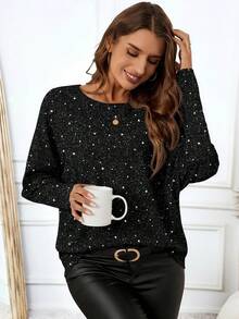 EMERY ROSE Women's Casual Elegant All-Over Print Batwing Sleeve Round Neck T-Shirt, Autumn 3D Printing Black Rhinestone Top Glitter Top Women Black Sparkly Top Black Sequin Top Bling Top - Multicolor - View 5