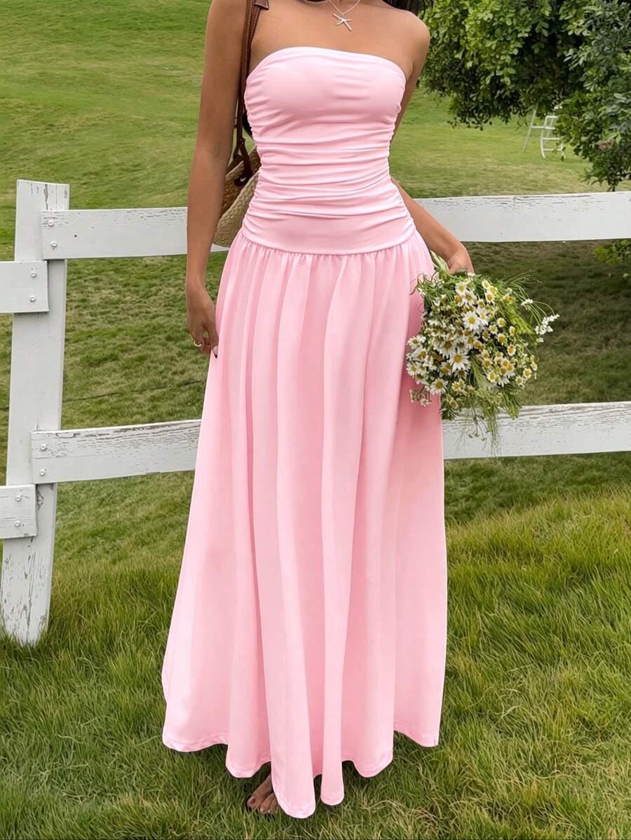 SHEIN EZwear Women's Casual Light Pink Pleated Elegant Strapless Summer Dress, Suitable For Valentine's Day Pink Strapless Dress Pink Bridesmaid Dress Light Pink Maxi Dress Long Pink Dress Pink Wedding Guest Dress - Baby Pink - View 1