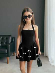 SHEIN Firerie Kids 少女时尚黑色露背蝴蝶结修身连衣裙，春夏款