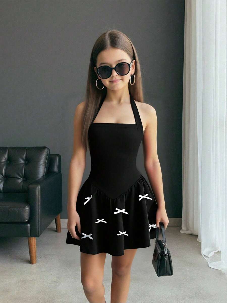 SHEIN Firerie Kids 少女时尚黑色露背蝴蝶结修身连衣裙，春夏款