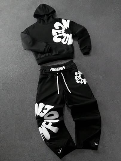 PAVTROS Men's Letter Print Long Sleeve Hoodie And Drawstring Waist Sweatpants Casual Suit