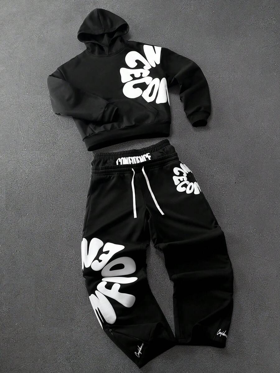 PAVTROS 男士字母印花长袖连帽衫和抽绳腰带运动裤休闲套装 男士运动服 男士街头服饰套装 连帽衫和裤子套装 男士运动服 Y2K 运动服 - 黑色 - 查看 1