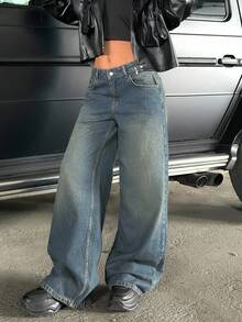 CasuGlow 低腰 Y2K 斜口袋洗水阔腿牛仔裤