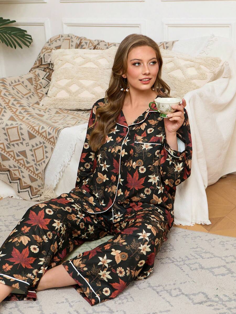 Leaf Print Open Front Lapel Long Sleeve & Pants Pajama Set, Plus Size - Multicolor - View 1