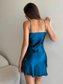 Aloruh Lady Elegant Woman, Suitable For Valentine's Day, Christmas, New Year, Date, Party, Home, Comfortable, Lace, High-End, Elegant, Blue Women's Sexy Solid Color Contrast Lace Camisole Nightgown Sexy Nightgown With Gathered Design - Navy Blue - View 4