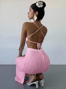 Firerie 女士白色提花串珠系带露背修身开衩连衣裙，性感度假连衣裙，春夏服装，沙滩装，通勤装，优雅，性感，度假，海滩，波西米亚风，夏威夷，音乐节，浪漫，约会装 - 粉色 - 查看 4