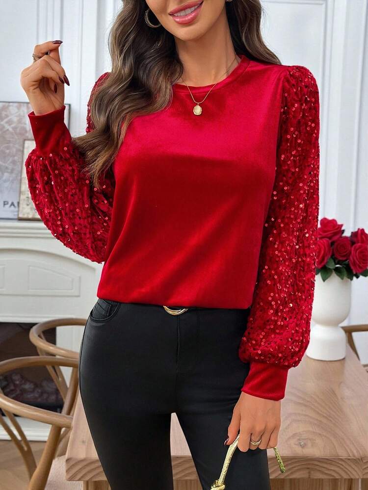 Women's Patchwork Crew Neck Long Sleeve Top, Autumn Cute Red Top, Contrast Sequin Christmas New Year Sparkly Top,Christmas