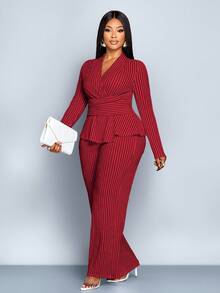 SOLERSUN 大码女装秋冬优雅条纹V领长袖T恤和阔腿裤两件套，不对称下摆两件套，休闲日常穿着，女装冬装女装秋装，包裹性，扭纹，腰带，黑白条纹提花纹理面料，日常穿着，通勤，购物 - 紅色 - 查看 8