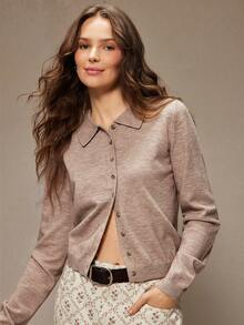 WESTFADE Button Front Relaxed Fit Polo Cardigan Sweater Winter, Boho, Western Wear, Holiday, Christmas, NYE, New Year, Nashville Cowgirl, Casual, Cute - Camel - View 1