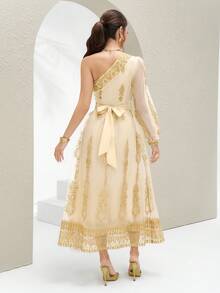 Al Najma Damen Asymmetrischer Ausschnitt Mesh Patchwork Elegantes Langarm Arabisches Kleid - Gelb - Übersicht 2