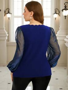 Gownix 大码女士优雅网纱拼接贝壳边长袖派对上衣 - 寶藍色 - 查看 2