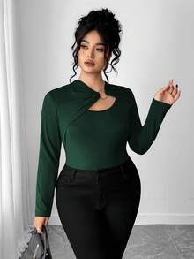 Elenzga Áo thun dài tay ôm sát thiết kế nhẫn trơn màu dành cho nữ - Màu xanh lá cây đậm - Xem 4