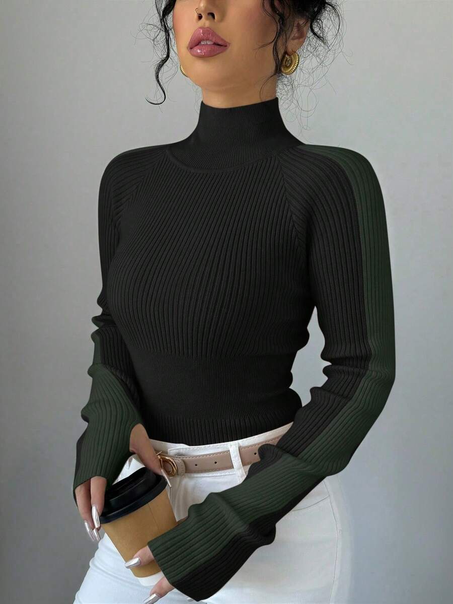 SHEIN 女士撞色高领长袖简约毛衣 - 黑色 - 查看 1