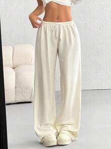 SHEIN EZwear 女士休闲抽绳腰宽松阔腿运动裤 - 米色 - 查看 7