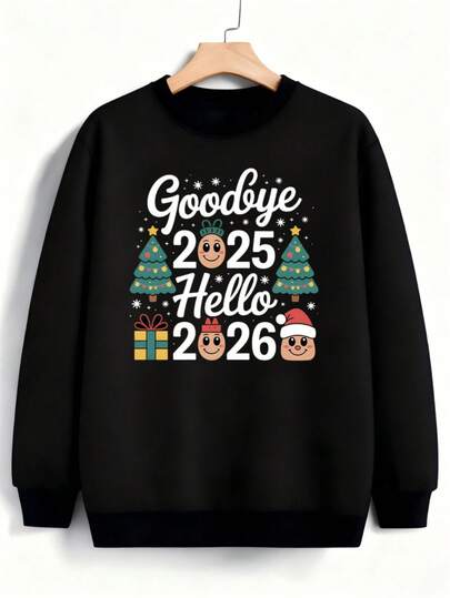Hombre004 Sudadera de cuello redondo de moda Parte superior de ropa para casa, cómoda y abrigada cálida para otoño e invierno, con envío local desde México Camisa negra con diseños festivos que dicen Adiós 2025 y Hola 2026, perfecta para festejar el cambio de años