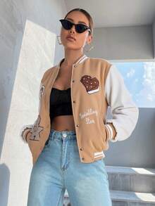 Chaqueta casual y encantadora de béisbol para mujeres - una variedad de patrones, botones abiertos y cerrados, puños y dobladillos de costilla, adecuado para la temporada escolar y de regreso a la escuela - Camel - Ver 3