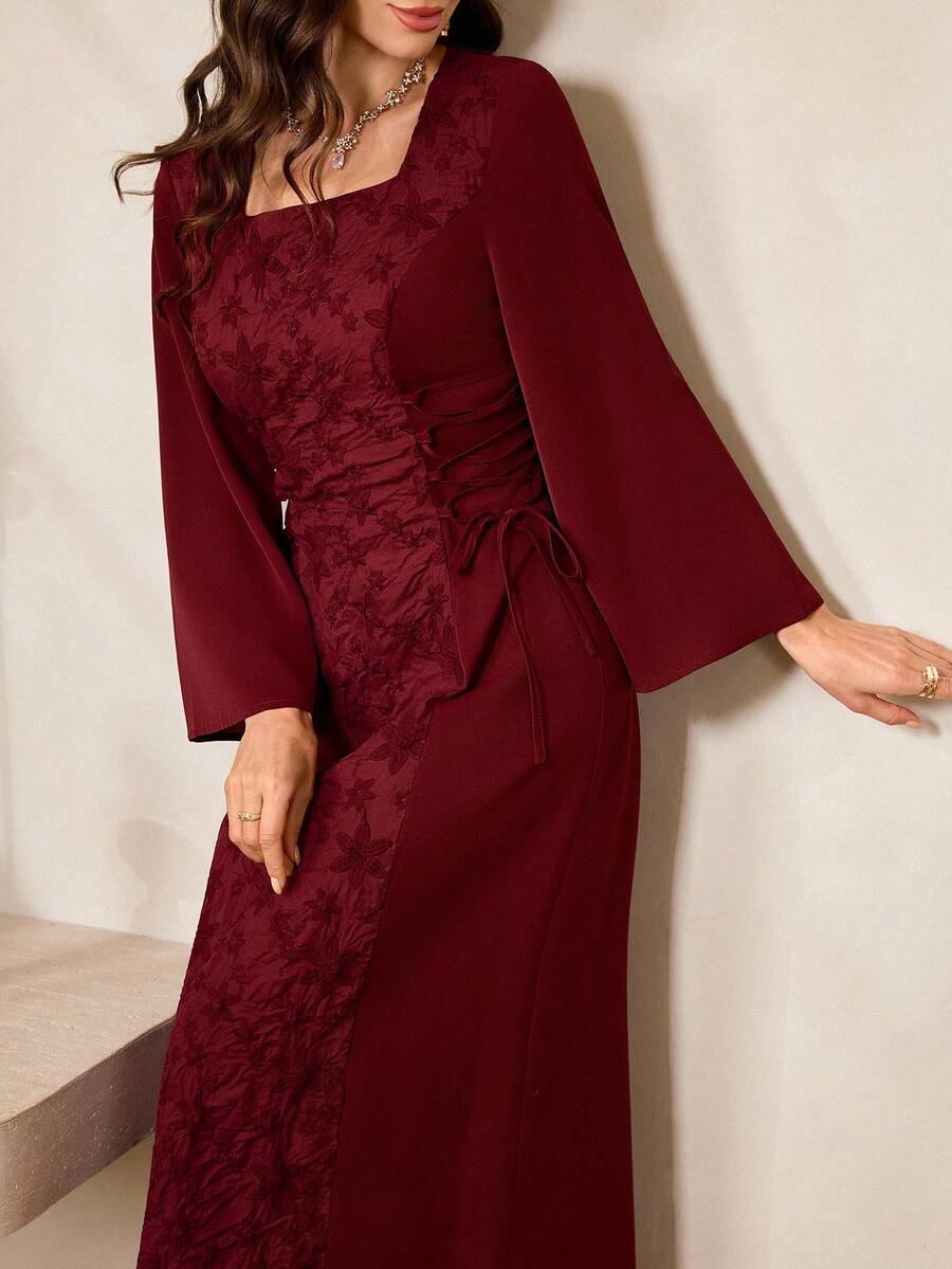 Al Najma Robe élégante de style arabe avec col carré, manches évasées, taille nouée sur le côté et motif floral jacquard pour femmes