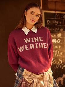 WESTFADE Wine Weather Crew Neck Loose Boxy Fit Pullover Knit Sweater Winter, Boho, Western Wear, Holiday, Christmas, NYE, New Year, Nashville Cowgirl, Casual, Cute - Burgundy - View 3