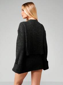 MISSGUIDED Chunky Waffle Knit Button Up Cardigan And Mini Skirt Matching Co Ord Set For Fall Winter - Black - View 2