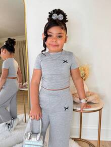 SHEIN 2pcs/Set Girls' Bow Print Knit Casual Matching Set, Fashionable Streetwear - Grey - View 5