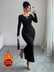 Modelyn Women's Elegant Hollow-Out Ribbed Knit Dress With Pearl Decor, Winter - Black - View 8