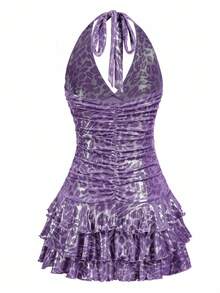 Y2Kool Marina Oliveira Purple,Leopard Print, Animal Print, Glitter, Party, Sexy, Y2K, Baddie, Streetwear Style Women's Halter Neck Mini Dress, Suitable For Summer, Autumn, Vacation, Party, Gathering, Daily Wear Purple Leopard Print Dress Club Dress 2000s Dress Halter Dress Pink Cheetah Print Dress Matching Idea Casual Stylish Clothing Collection New Year Outfits,Valentine Lavender Dress Purple Dress Y2k Dress Animal Print Dress Lavender Dress Women Women Clothing Purple - Purple - View 2