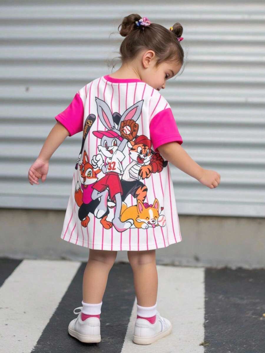 Bubblio Baby Girl Casual Comfortable Cute Cartoon Animal Print Striped Splice Short Sleeve Dress - Pink - View 1