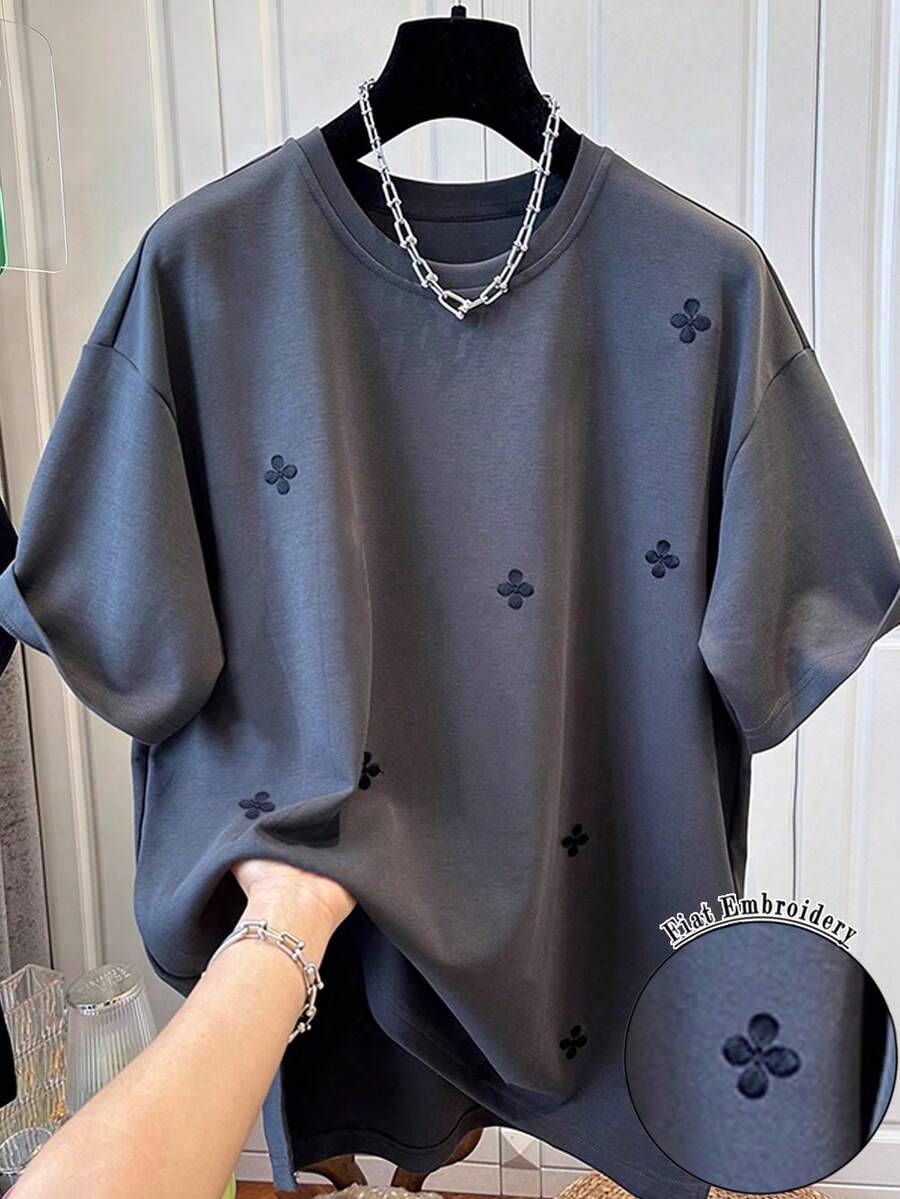 Manfinity Dauomo Áo thun nam cổ tròn tay ngắn dáng rộng thoải mái cỡ lớn, mùa hè - Màu xám đen - Xem 1