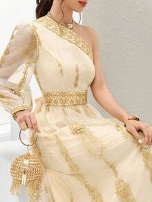 Al Najma Damen Asymmetrischer Ausschnitt Mesh Patchwork Elegantes Langarm Arabisches Kleid - Gelb - Übersicht 7