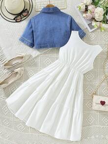 SHEIN Tween Girl Summer Daily Casual Denim Jacket And White Dress 2pcs/Set - Multicolor - View 2