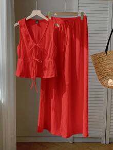 Comfortcana 红色针织女士休闲套装，春夏款 - 紅色 - 查看 5