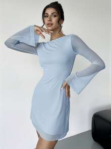 Firerie 女士优雅性感迷你裙，橄榄绿船领喇叭袖收腰A字迷你连衣裙 - 淺藍色 - 查看 2