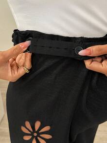 SHEIN Adjustable Waist Hollow Out Fashionable Versatile Wide Leg Pants For Pregnant Women Wide Leg Pants Set Two Piece Set Women Comfy 2 Piece Pants Set Women Pants Set Palazzo Pants Women,Maternity Clothes Flowy Pants Maternity Pants - Black - View 6