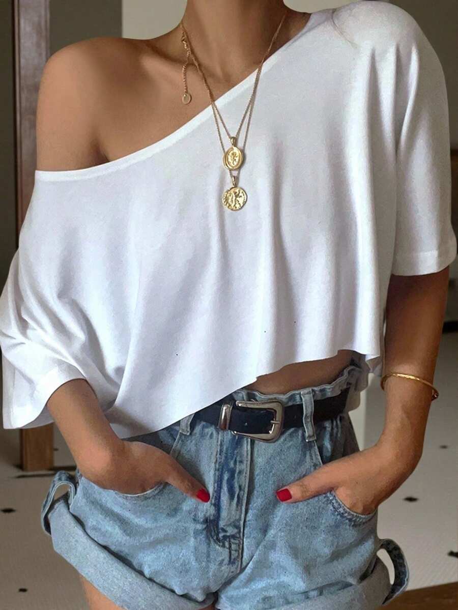 SHEIN EZwear White Knitted Loose One Shoulder Batwing Sleeve Women's T-Shirt - White - View 1