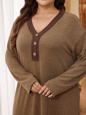 Lacomfia Plus Size Women Casual Loose Fit Crew Neck Textured Patchwork Maxi Sweater Dress, Autumn/Winter