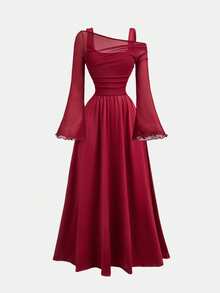少女优雅修身酒红色网纱拼接不对称肩部喇叭袖褶皱连衣裙，适合女孩参加派对、圣诞节、新年或正式场合穿着。 - 酒紅色 - 查看 3
