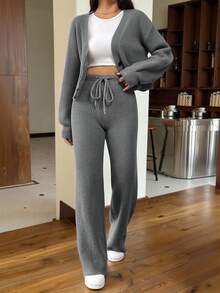 SHEIN EZwear 秋冬季女士休闲纯色长袖针织开衫两件套 - 深灰色 - 查看 4