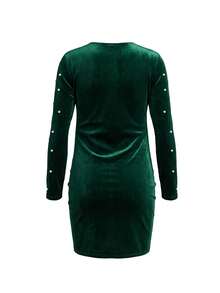 SHEIN Tween Girls Green Velvet V-Neck Beaded Christmas Dress, Suitable For Autumn And Winter, Party Wear, Daily Wear School, Birthday Dress, Princess Dress - Green - View 2