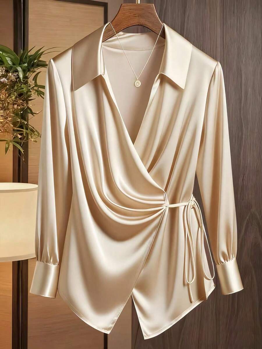 Franclia Elegant French Asymmetrical Oblique Lapel Criss-Cross Tie Waist Pleated V-Neck Women Blouse Fall Cloth For Women - Apricot - View 1
