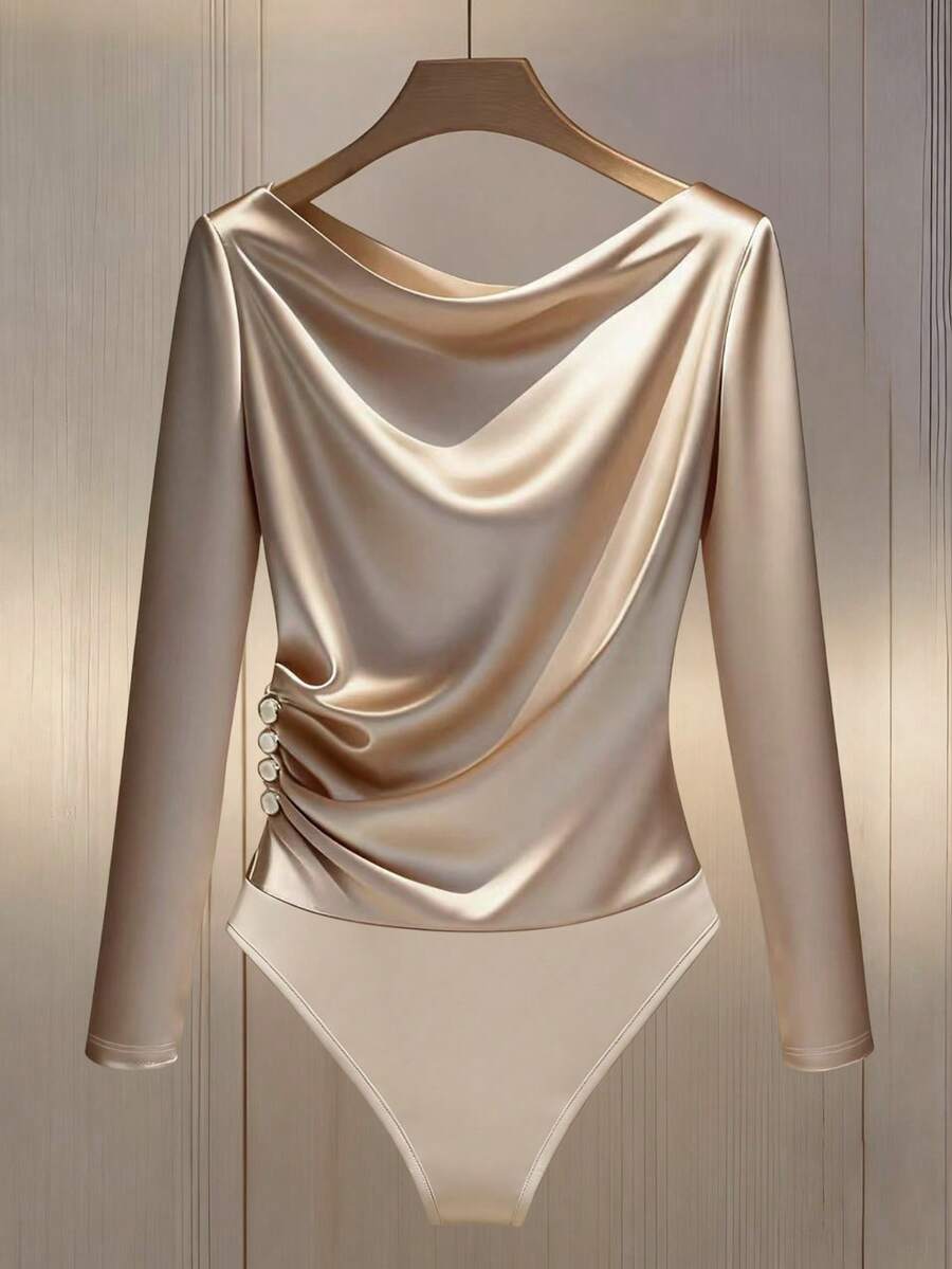 Franclia Damen minimalistische langärmlige Slim Bodysuit mit seitlichen Knopfverzierungen für den Arbeitsweg