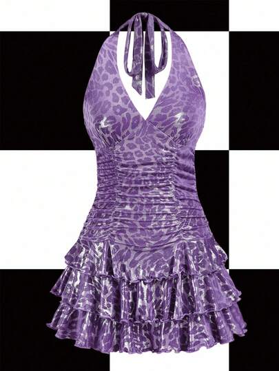 Y2Kool Marina Oliveira Purple,Leopard Print, Animal Print, Glitter, Party, Sexy, Y2K, Baddie, Streetwear Style Women's Halter Neck Mini Dress, Suitable For Summer, Autumn, Vacation, Party, Gathering, Daily Wear Purple Leopard Print Dress Club Dress 2000s Dress Halter Dress Pink Cheetah Print Dress Matching Idea Casual Stylish Clothing Collection New Year Outfits,Valentine Lavender Dress Purple Dress Y2k Dress Animal Print Dress Lavender Dress Women Women Clothing Purple