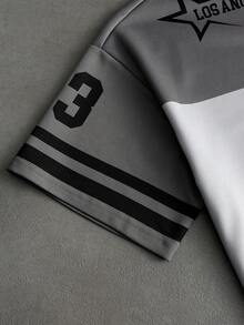 PAVTROS 男士V领数字印花休闲短袖T恤，男款，宽松，最佳，男友风，夏季，度假，Y2K，复古，朋友风，罗纹V领和领口，饰有超大数字“33”的宽松短袖衬衫 - 彩色 - 查看 5