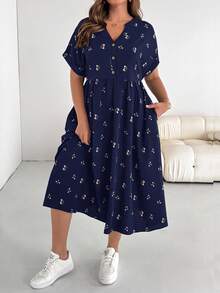 SHEIN Essnce Plus-Size Women's Baby Dress, Loose Dress, Summer Short-Sleeved Dress, Loose And Comfortable Plus-Size Clothing, Printed Dress,Vacation Dress Casual Dresses For Woman Homecoming Dress Casual Dress Church Dresses For Women Casual Dress Teacher Outfits Plus Size Bubble Skirt Fall Outfits Women,Work Dress Going Out Dress Casual Dresses - Navy Blue - View 3