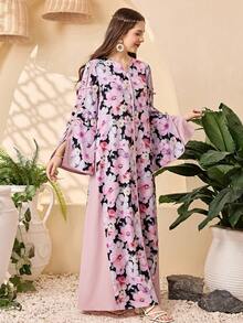 SHEIN 少女纯色拼接印花V领直筒长款连衣裙/睡袍，舒适休闲，适合春秋季日常穿着，阿拉伯长袍，端庄得体。 - 粉色 - 查看 4