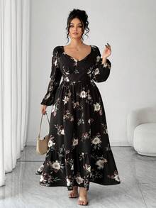 Elenzga Elegant Vintage Floral Print Puff Sleeve Waist Cinched Midi Dress, Romantic French Style, Flattering Fit, Suitable For Autumn/Winter - Black - View 5