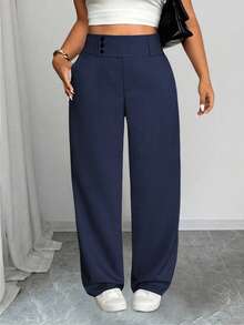 SHEIN PETITE CURVE Plus Size Women High Waist Pockets Straight Loose Casual Pants Fall - Navy Blue - View 4