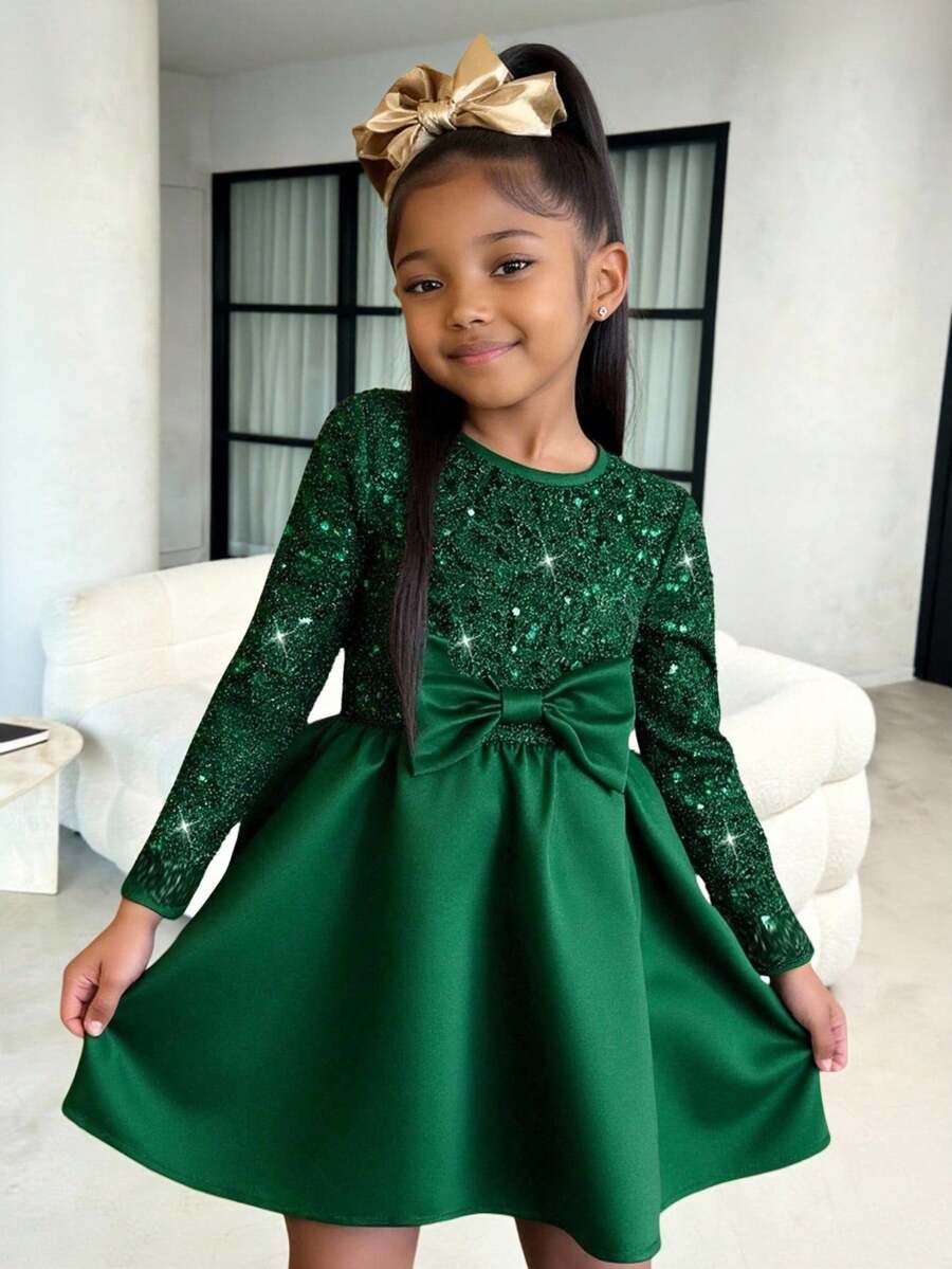 小女孩优雅绿色公主裙，带蝴蝶结，可爱甜美，仪态万方，适合派对和庆典。 - 綠色 - 查看 1