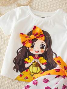 SHEIN Conjunto de 2 piezas de blusa de manga corta y falda con estampado floral lindo para niñas - Azul - Ver 5