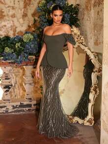 Glamrae Elegant, Glamorous, And Stylish Military Green Sequined Embroidery, Patchwork Stretch Knit, Leaf Cap Sleeves, Faux Two-Piece Design, Sailboat Neckline, Mermaid Silhouette, And Train. Suitable For Wedding Guests, All Formal Occasions, Valentine's Day, And Evening Gowns. - Army Green - View 9